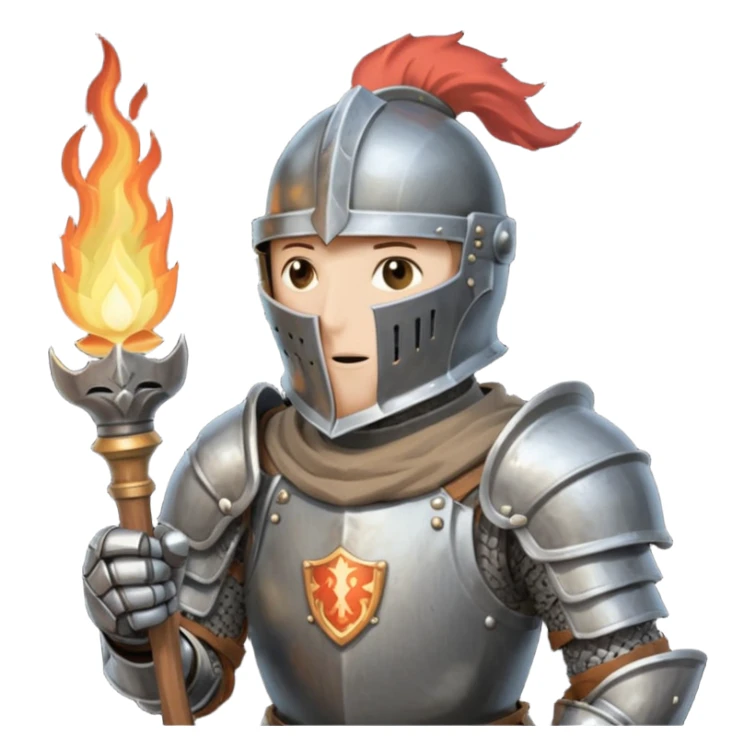 knight holding a short wooden torch in hand wearing darker, realistic iron armor,and  a closed helmet in dark souls style sticker