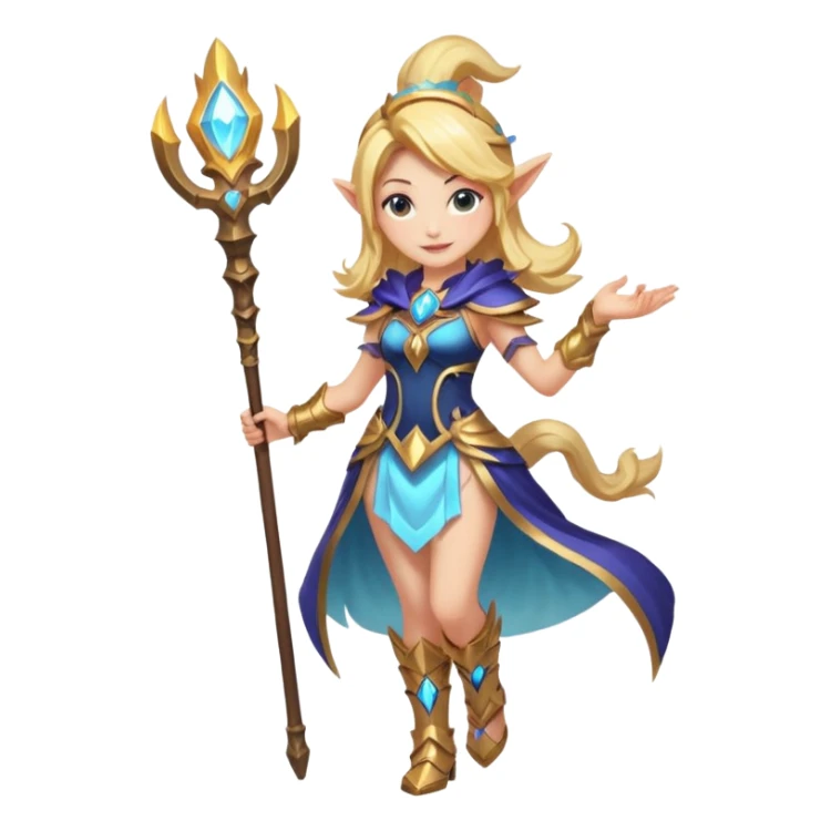 full body Lux from League of Legends with magical staff, cheerful expression, detailed costume sticker