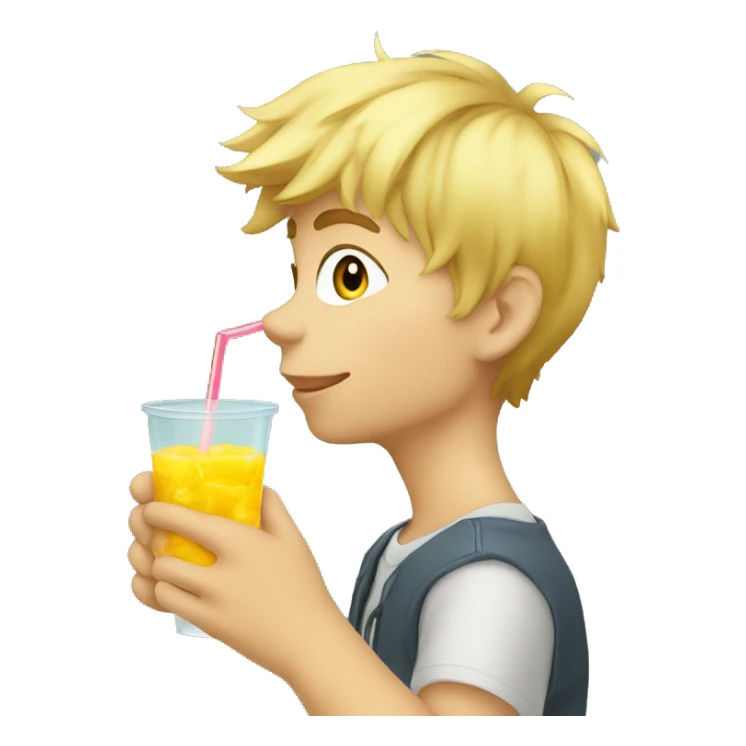 A blonde boy sucking juice with a straw while his hand is holding the drink, profile view sticker