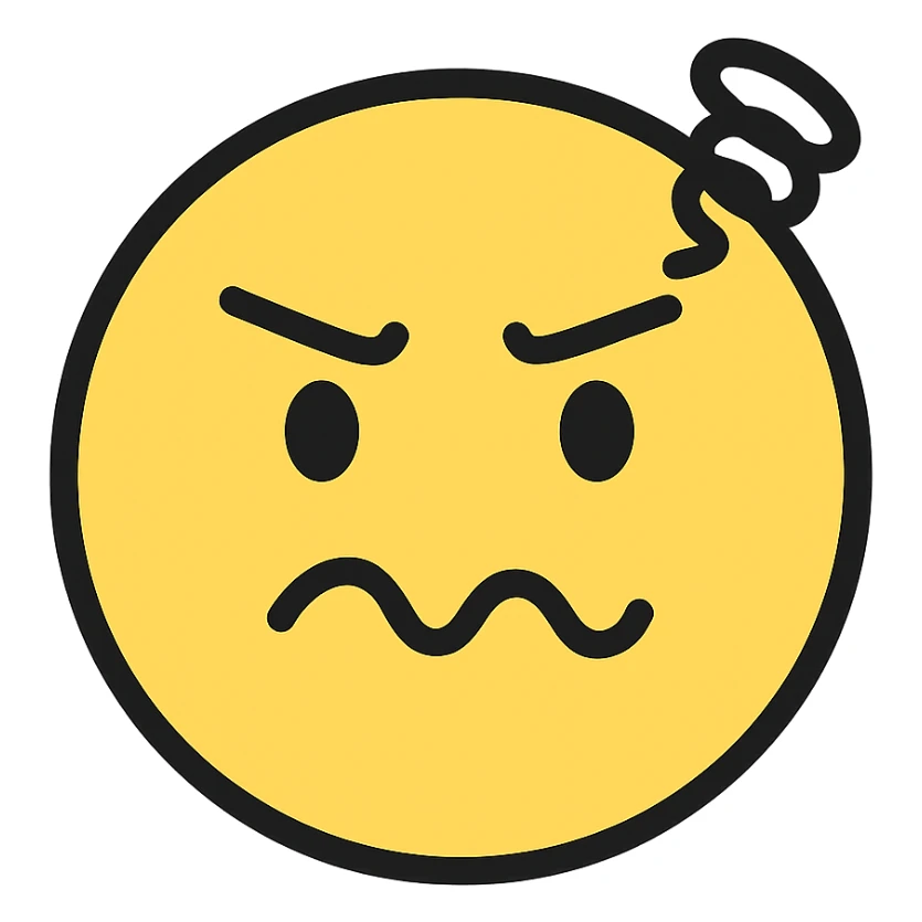 confused and annoyed face, color outline icon style, with a squiggly mouth sticker