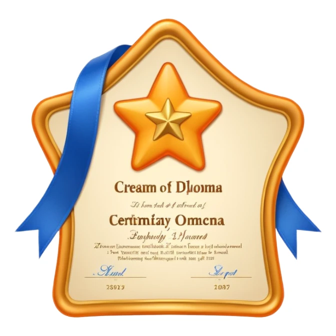 Create a glossy 3D certificate emoji with a cream diploma, rounded corners, a blue ribbon seal, orange tails, and an embossed star. sticker