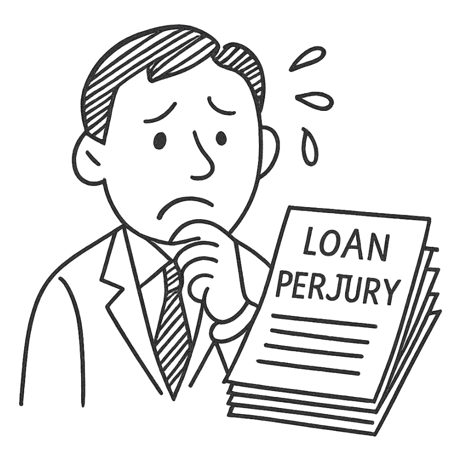 man committing loan perjury, sweating, with a stack of papers sticker
