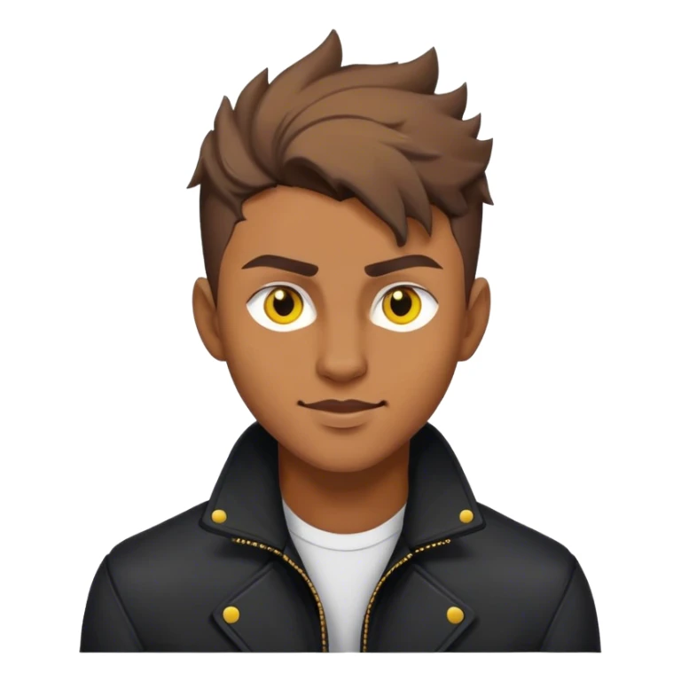 A male with yellow eyes and brown wolf cut hair, raised eyebrows, sly smile, black jacket  sticker