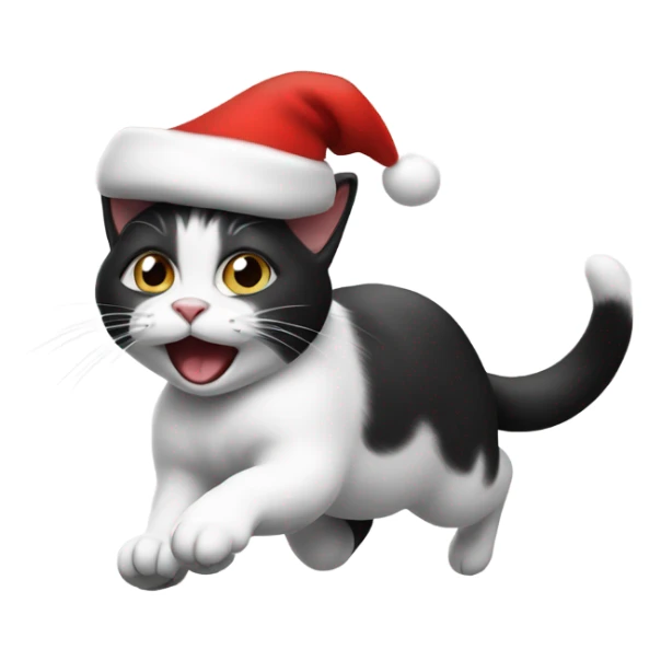 Running black and white cat wearing a Santa hat  sticker