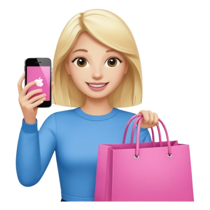 Blond influencer taking selfie with an iphone with one hand and a pink shopping bag in the other hand sticker