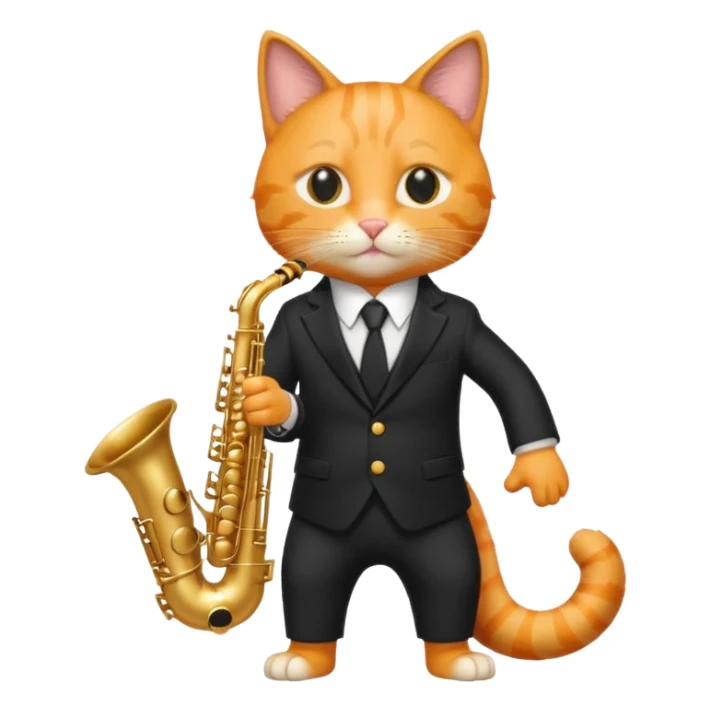 orange cat play gold saxophone, wear black suit sticker
