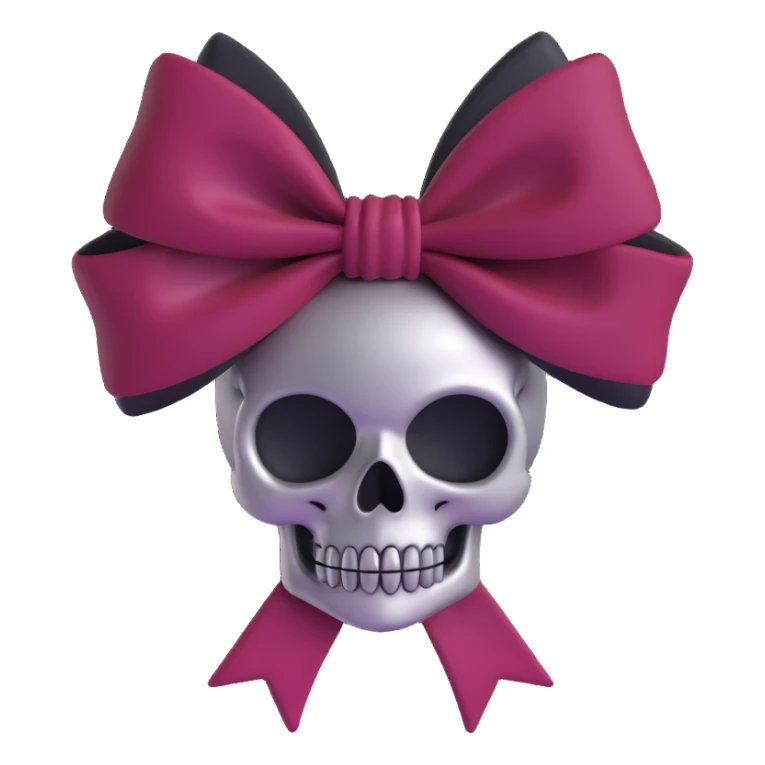 3D emoji gothic bow, deep ruby velvet, silver skull charm, black rose center, rich and gothic sticker
