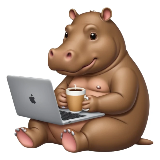 A cartoon hippopotamus who sits at a laptop and drinks coffee sticker