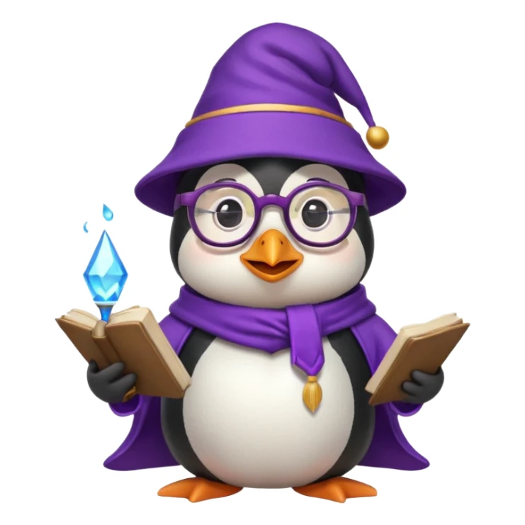 cute penguin wizard holding an open spellbook wearing glasses and a purple hat, emoji style sticker