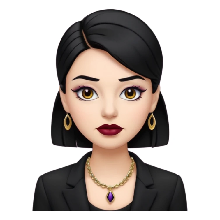 “Emoji girl, sculpted contour, bold dark lipstick, defined brows, sharp eyeliner, sleek black hair updo, statement necklace, black blazer.” sticker