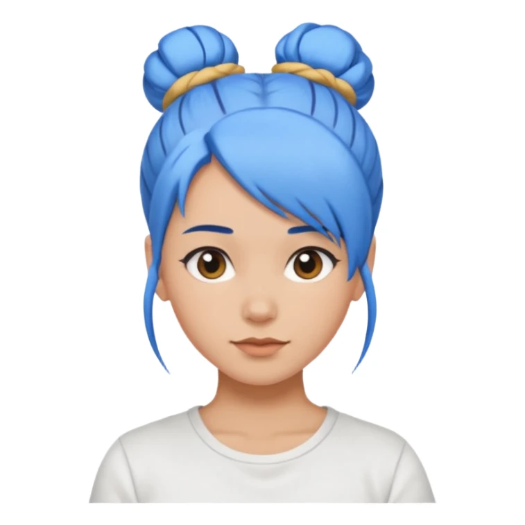 a woman with blue one bun hair, wearing white t-shirt sticker