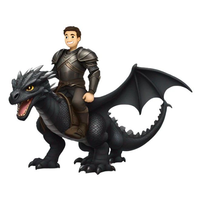 Confident armored White Man with dark brown hair and a short beard riding on the back of a giant armored black dragon sticker