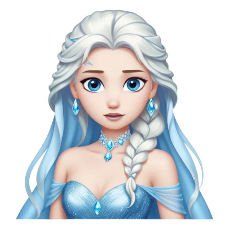 Cinematic Elegant Snow Queen Portrait Emoji, rendered in a realistic, vector-style with minimal shading and bold, simplified shapes. Depict Elsa (chest and above) with icy pale skin, long flowing platinum hair, and piercing blue eyes that exude quiet power, dressed in a shimmering ice-blue gown. The image glows with a soft, frosty radiance and high shine, capturing her ethereal, regal beauty. sticker