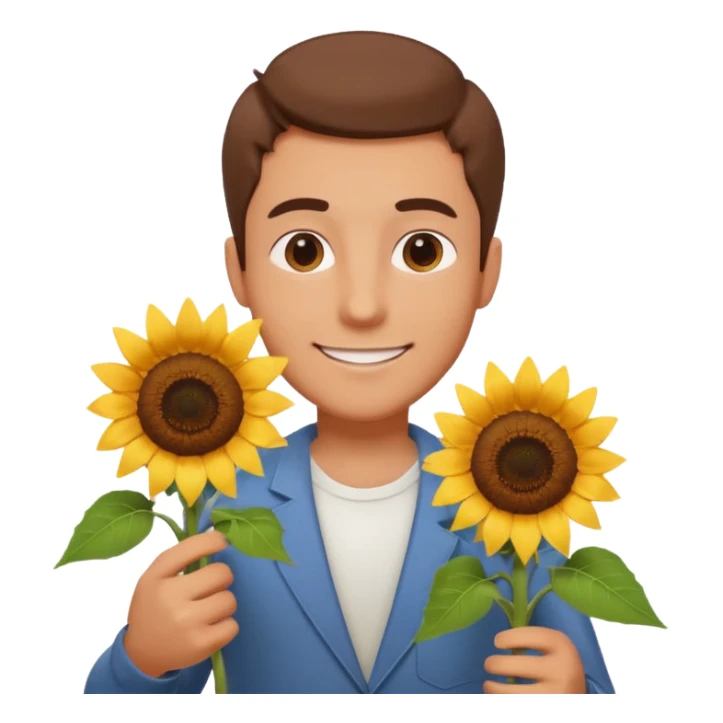 man holding a sunflower portrait, head and shoulders only, gentle smile, sunflower visible in hand, warm positive vibe, 3D cartoon style, mobile game icon style, clean background, no text, no watermark
 sticker