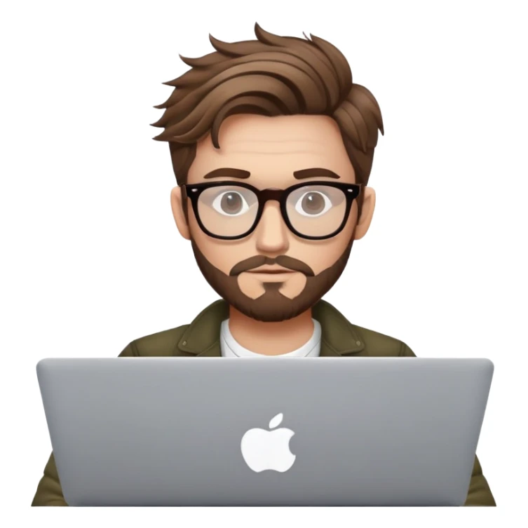 brown balayage college stylish British  hipster man with MacBook with glasses sticker