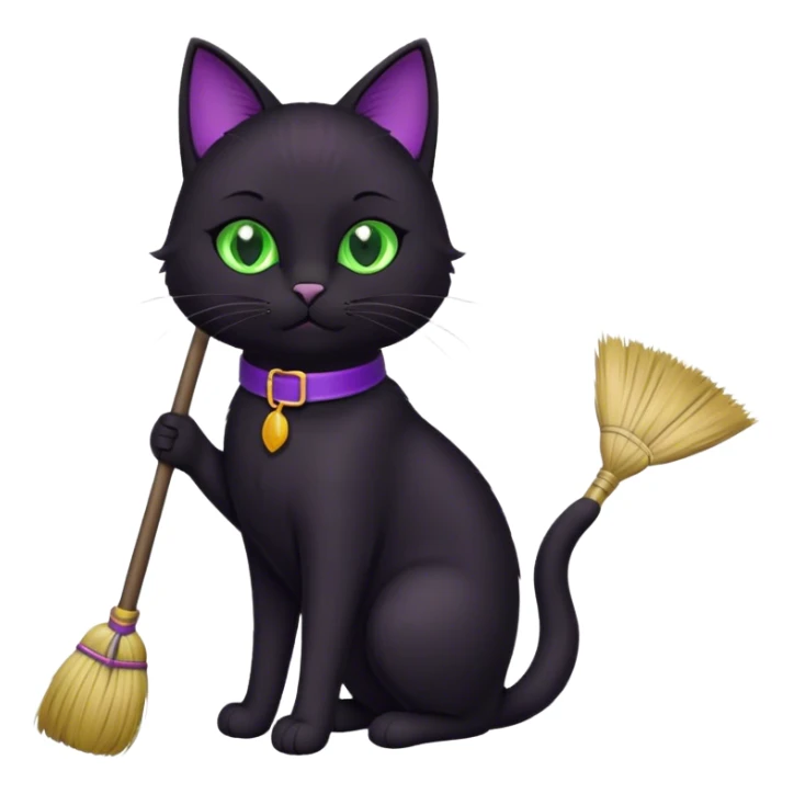 black  cat with a broom, purple collar sticker