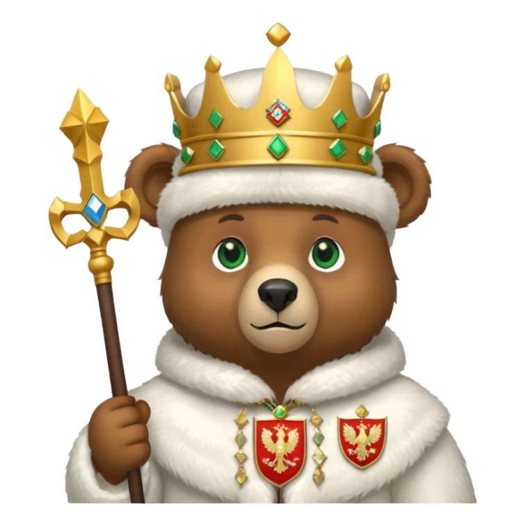 Adorable brown bear with green eyes, white ushanka hat featuring very clear and accurate Russian Federation double-headed eagle coat of arms with crowns and scepter, iOS emoji style sticker