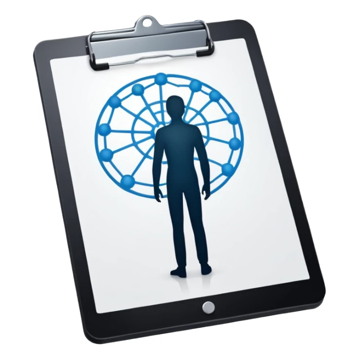 clipboard with a person silhouette and a neural network symbol sticker
