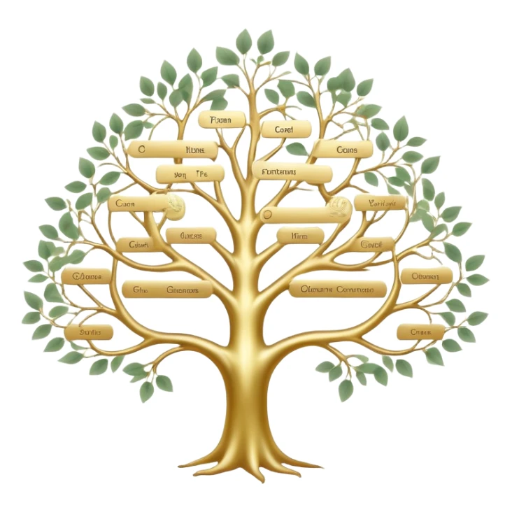 Tree of ancestral connections with ethereal, flowing branches linking generations, dreamy translucent family tree sticker