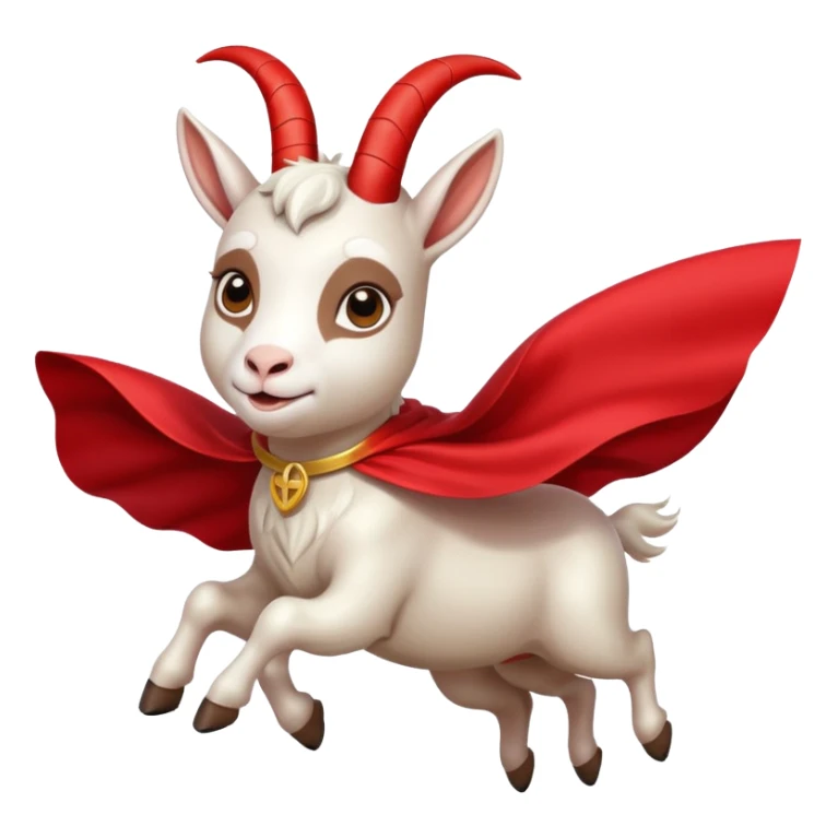 side view of white female goat wearing a read cape like superman sticker