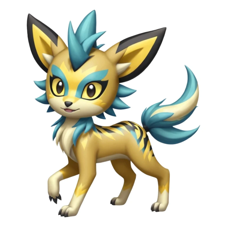 Shiny tropical exciting earthly madly feral 4-legged Feral Lightning-patterned Zig-zagged buzzy fuzzy Meloetta-Renamon-Zeraora-Luxray-Cobalion-Suicune-Vernid-fusion-hybrid-creature, full body  sticker