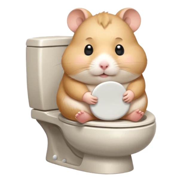 Cute chubby cartoon-style hamster sitting on toilet looking as if he had an accident, sticker-style illustration sticker