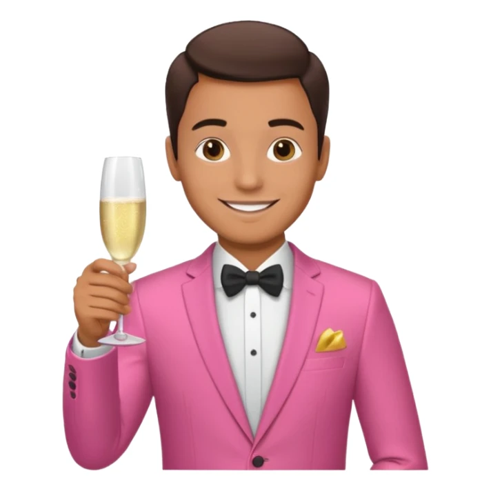 man hosting a dinner party at home wearing a pink suit sticker