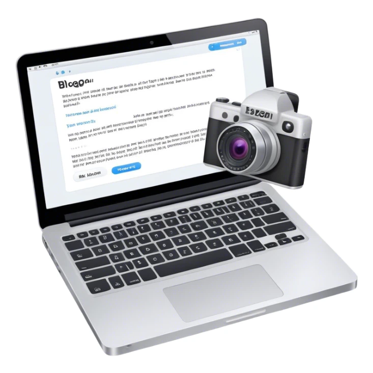 Create an emoji representing blogging. The design should feature an open laptop with a visible blog post on the screen, showing text. Add a photo or video camera to emphasize multimedia content. Do not include any emojis or smiley faces. Make the background transparent. sticker