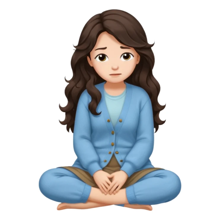 Juli – Cewe Perasa Kulit putih lembut, rambut coklat gelap panjang bergelombang natural, terurai. Pakai cardigan biru muda terang Duduk sambil peluk lutut ekspresi sendu tapi manis. sticker