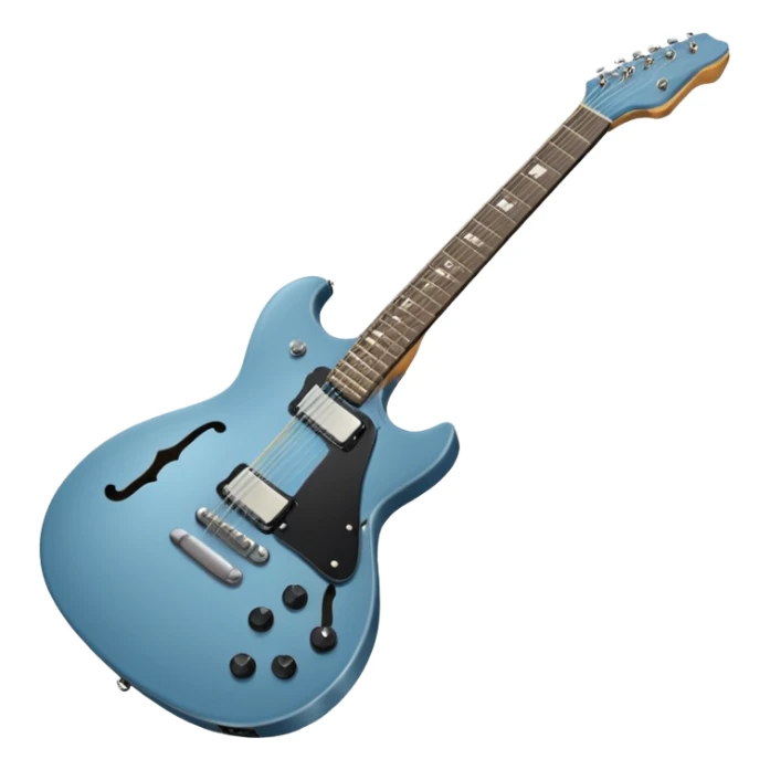 A gray-blue electric guitar with a black pick guard and only one volume knob, make the head tan sticker