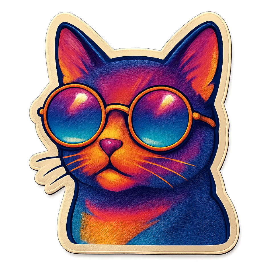 cat with retro round sunglasses, sticker style, trendy and bold sticker