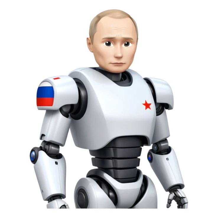 Futuristic robot with Vladimir Putin features and Russian flag colors sticker