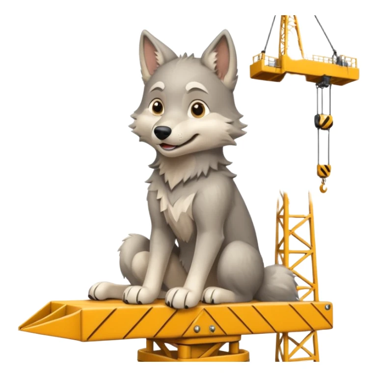  a joyful gray wolf sits on a tower crane and controls it with his paws sticker
