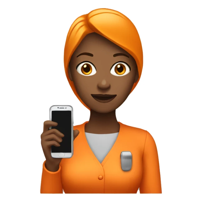 woman in orange bloose with phone sticker