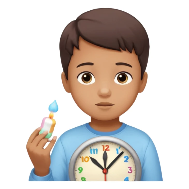 Emoji-style marshmallow test, child choosing between 1 marshmallow now and 2 later, clock above showing 15 minutes, cute lighting and pastel colors sticker