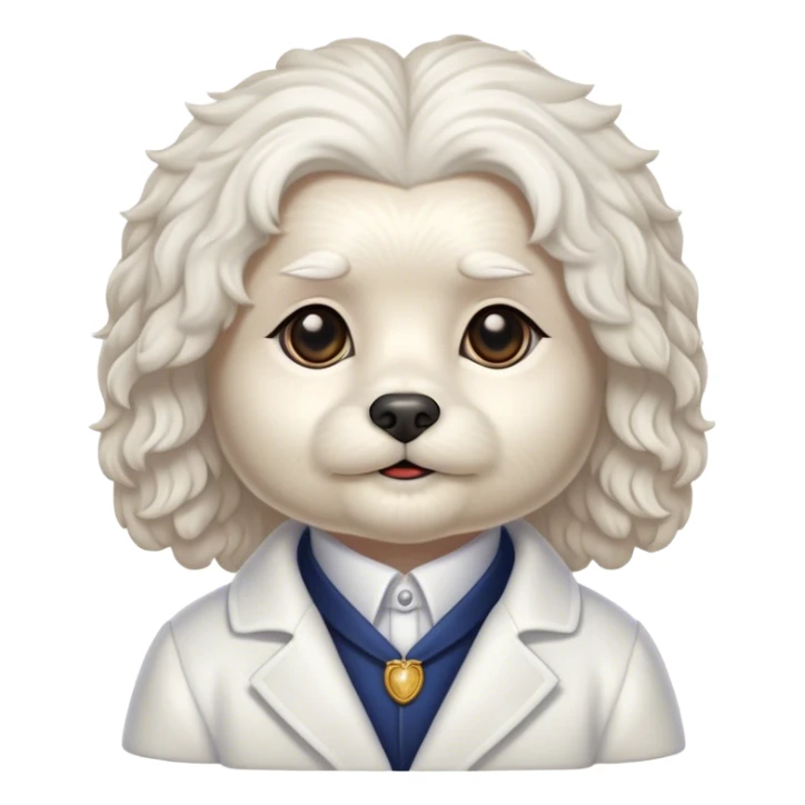 Cinematic Noble Wavy-Haired Maltese Portrait Emoji, Poised and regal, with a delicate, compact build and a pristine, wavy-haired white coat that cascades in gentle curls, deep-set soulful dark eyes, Simplified yet sharp and sophisticated features, highly detailed, glowing with a soft, dignified glow, high shine, intelligent and gentle, stylized with an air of refinement, focused and attentive, soft glowing outline, capturing the essence of a watchful and graceful companion, so majestic it feels as though it could prance out of the screen with effortless authority! sticker