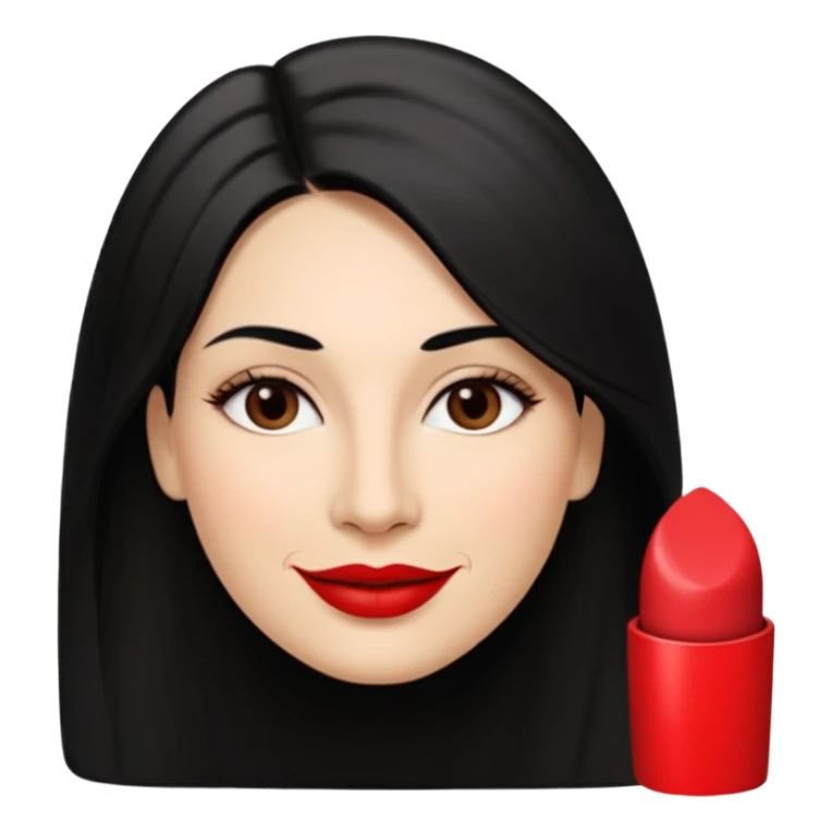 Mulher, 40 anos, pele: Morena clara, rosto: Oval, Cabelos: Lisos, longos, cor preta, repartidos para o lado direito, Olhos: Castanho-escuros, espaçamento normal, Nariz: Tamanho médio, ponte reta, narinas discretas, Boca: Lábios médios, bem definidos, com batom vermelho marcante e sorrindo  sticker