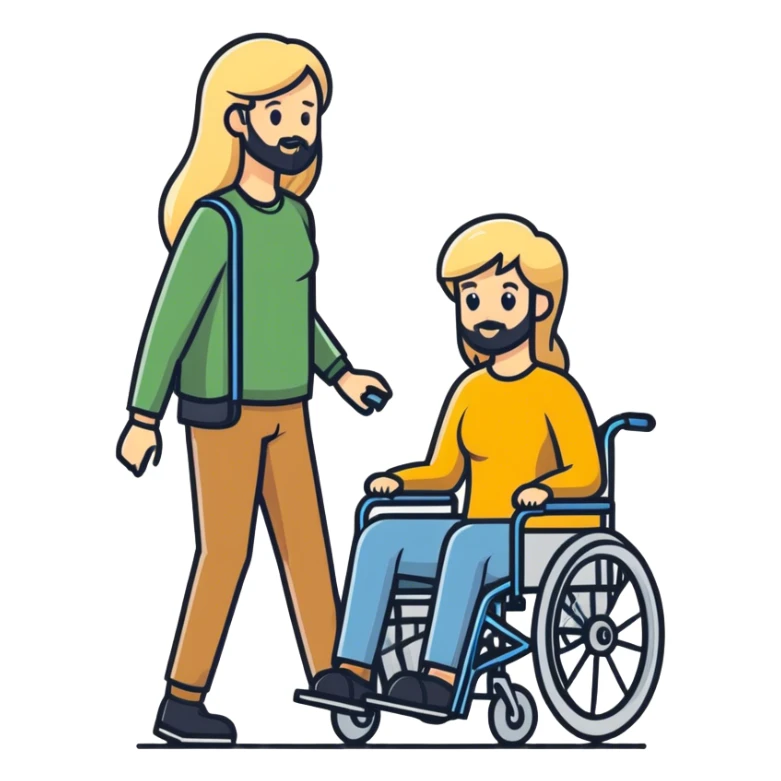 Long blonde haired mom pushing the wheel chair with a man with a beard sticker