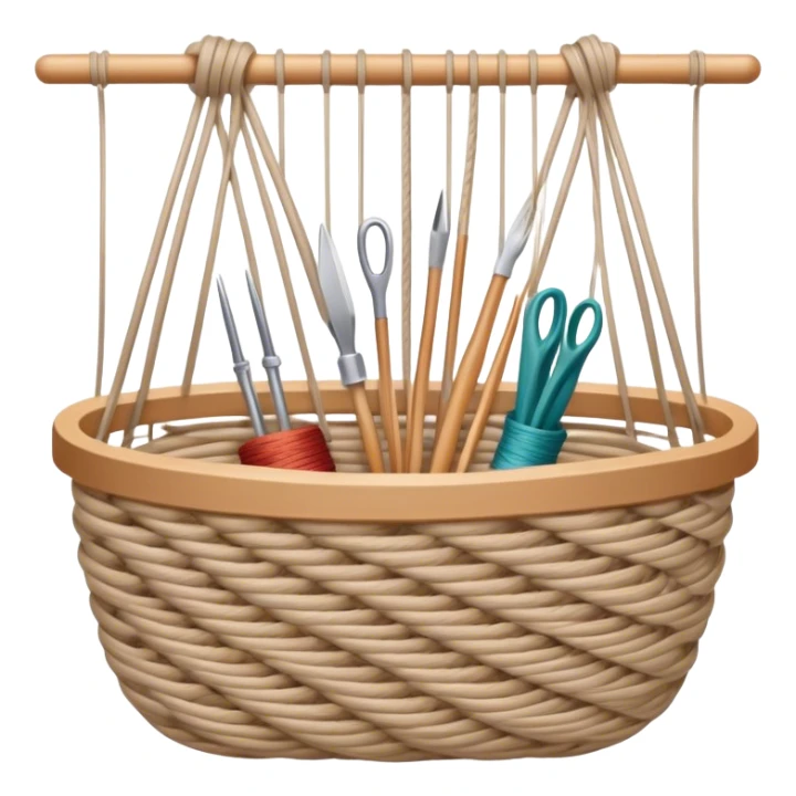 Weaving icon, various types of weaving such as basket weaving, macramé, and loom weaving, showing intertwined threads or ropes, weaving tools like shuttle, crochet hook, and loom, minimalistic style, clean lines, transparent background. sticker