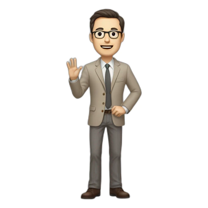 Full height Actively gesturing with hands Pale skinned fit man with dark brown hair in gray jacket, beige office shirt, brown tie, brown pants and vintage glasses. sticker