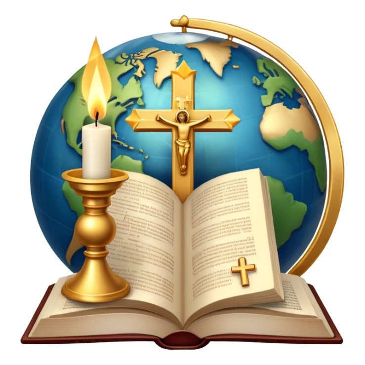 An icon featuring a holy book, a candle, and a cross, symbolizing religious studies. The design includes a globe with various religious symbols like a crescent moon and a star, representing the diversity of beliefs. Transparent background highlights the exploration of world religions sticker