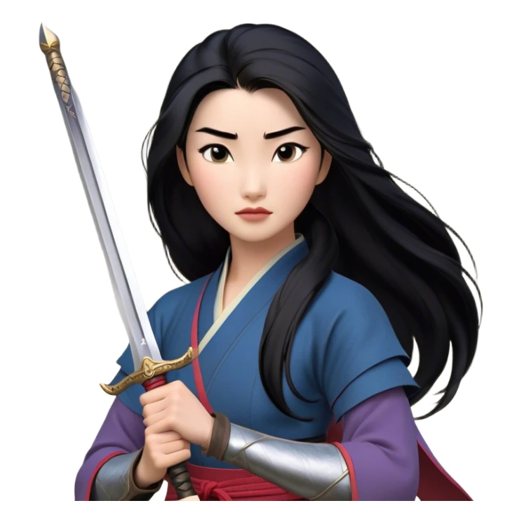 Cinematic Realistic Mulan Portrait, depicted with lifelike skin texture, soft natural lighting, and intricately detailed long black hair styled elegantly. Her deep, expressive eyes exude determination and grace, complemented by a serene yet confident expression. She stands with one hand resting on the hilt of her sword, the other by her side, exuding strength and poise. She is dressed in her classic attire, with rich fabric textures and delicate folds that catch the light beautifully. The portrait features a soft, enchanting glow with a natural, radiant finish, capturing the essence of timeless strength and beauty in a realistic and painterly style, evoking a sense of depth and authenticity. sticker