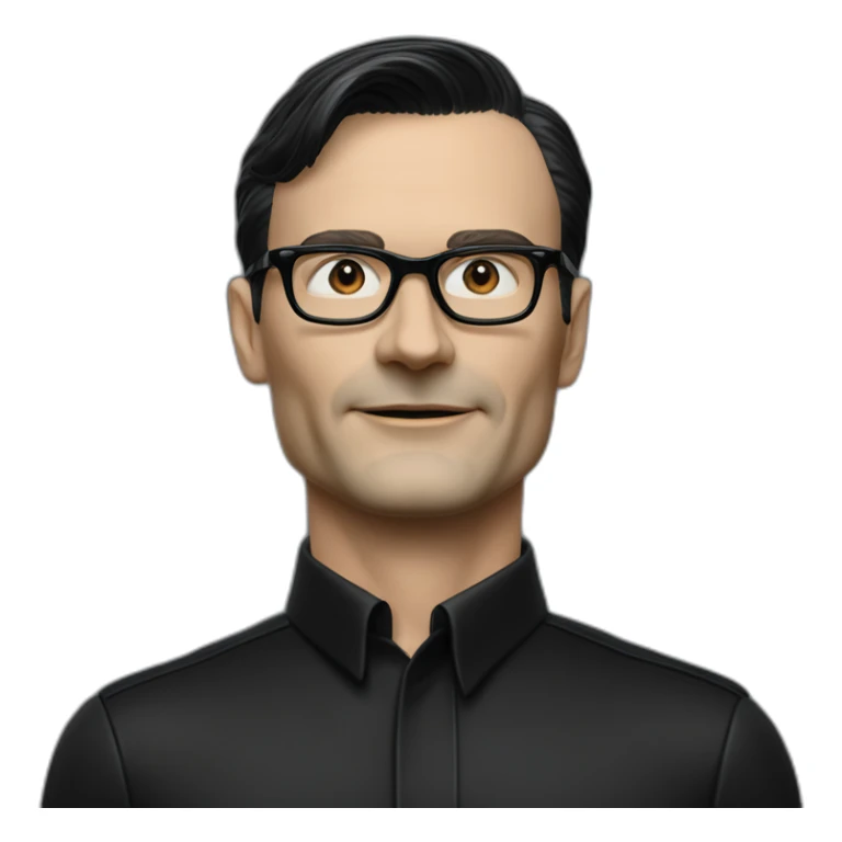 small photo realistic waving Ralf Hutter from Kraftwerk, short straight black hair, Dark Brown eyes, black glasses, thin, black shirt, side view sticker