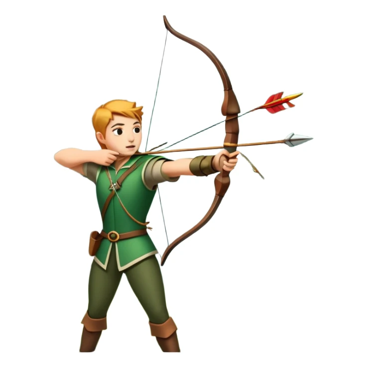 A skilled archer, resembling Robin Hood, drawing a bow and releasing an arrow towards a target. The scene captures the perfect moment of release, with the bowstring taut and the arrow flying toward the bullseye, set in a forest or archery range background. sticker