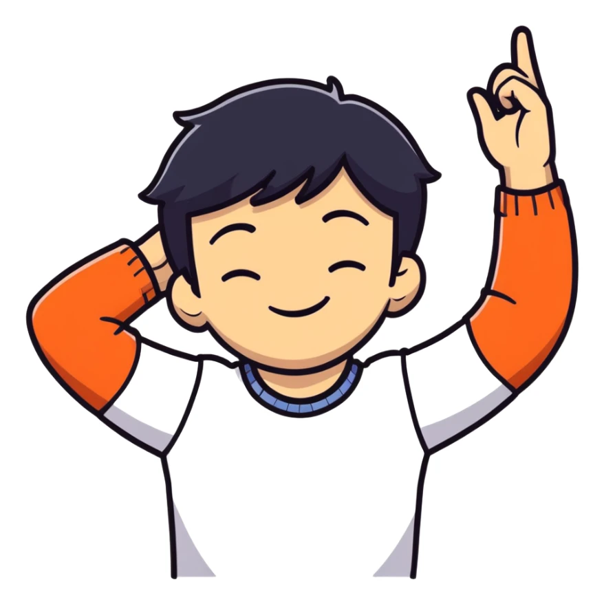 white boy smiling with right hand behind head, black hair, closed eyes sticker