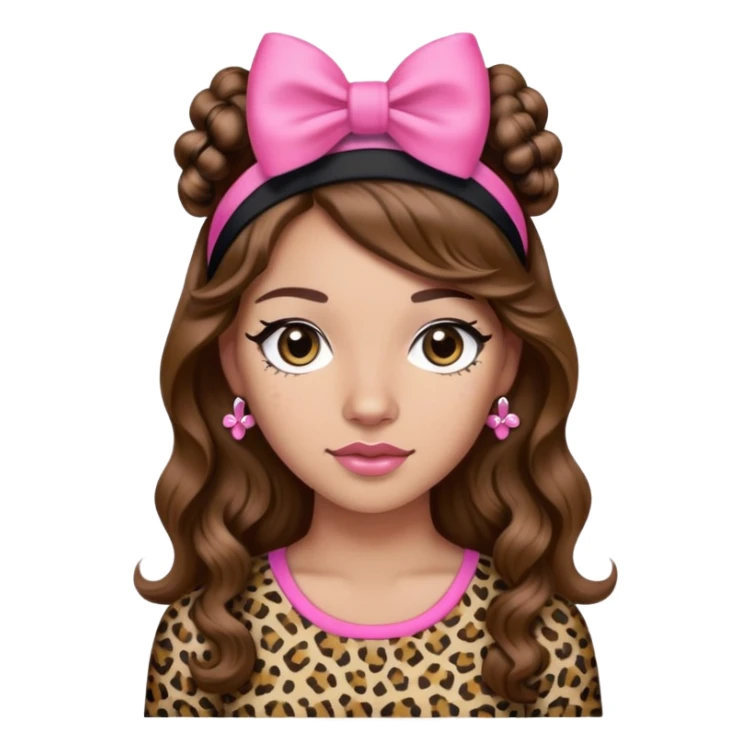 Light skin brown hair long wavy black headband with a small pink bow on each side leopard print shirt with small pink bows woman sticker
