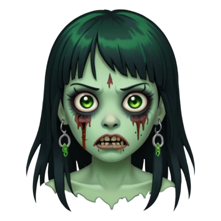 🧟‍♀️ faça igual esse emoji que coloquei só que com franja e piercing dos dois lado do nariz e no septo faça com cabelo longo preto e com a cara mais assustadora  sticker