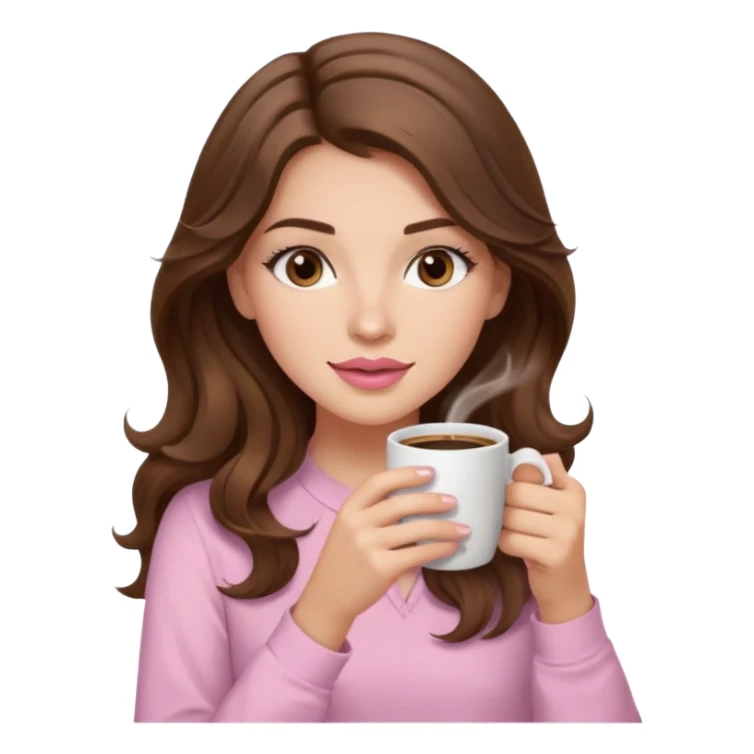 girl with wavy long brown hair, brown eyes, light to medium complexion, long lashes, light pink lipstick, wearing light pink shirt, sipping coffee sticker