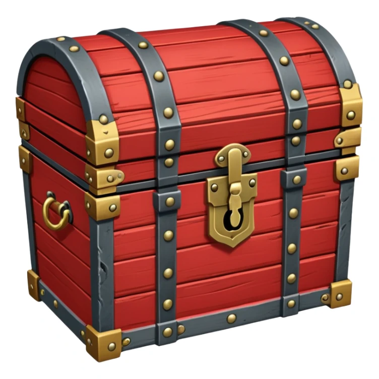 A red wooden treasure chest from an RPG, with metal hinges and a lock sticker