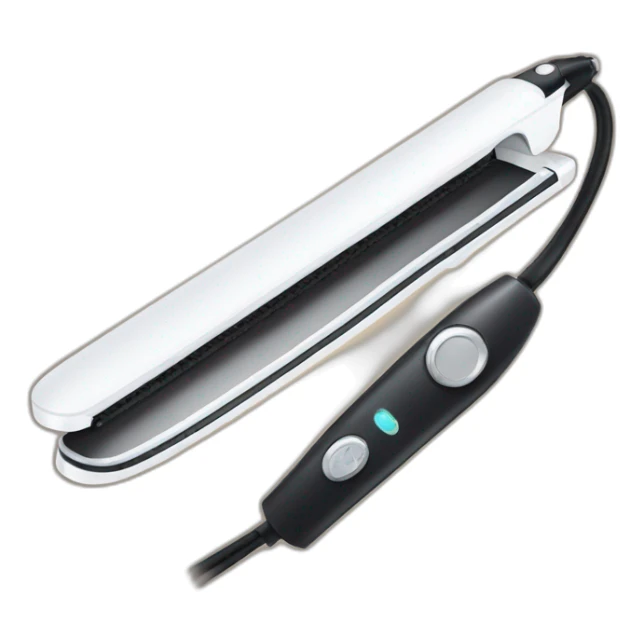white hair straightener with metal heads and black cord sticker